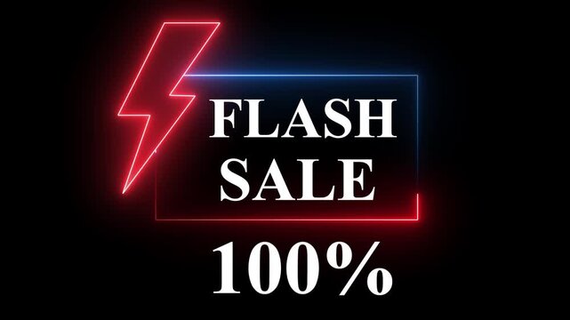 Blue and Red color neon sign promoting a flash sale with a bold -100% discount. Perfect for showcasing digital marketing and e-commerce promotions.4k animation video..