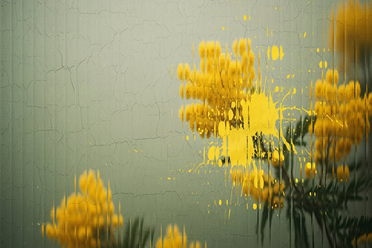 Abstract. Floral. Grunge. A creative, edgy image of yellow mimosa flowers with a paint splatter, viewed through ribbed glass for a modern, artistic, and grunge-inspired floral concept.