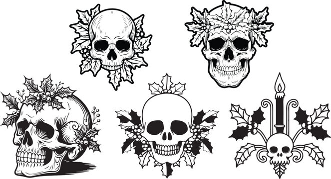 Gothic Skulls Floral Skull Adorned with Holly Illustrations Set Ornamental skull vector art
