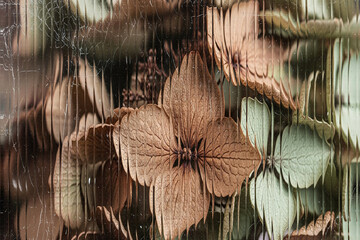 Abstract. Floral. Vintage. An abstract of dried brown hydrangea flowers seen through ribbed glass, creating a distorted, nostalgic, and artistic effect for a beautiful, textured background.