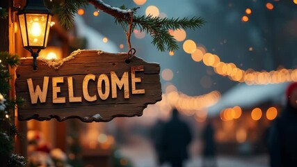 The text WELCOME on hanging vintage wooden sign at a Christmas market. 

