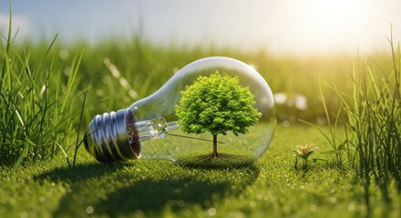 A light bulb with a green tree inside, placed on a grassy field with a sun shining through the bulb.