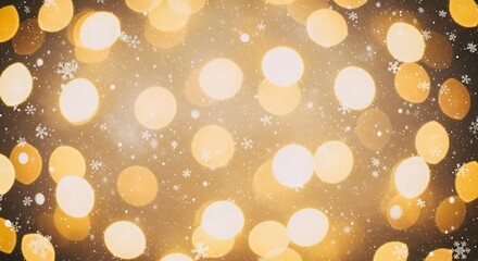 Bokeh lights with snowflakes blurred golden orbs and white snowflakes scattered across a dark background