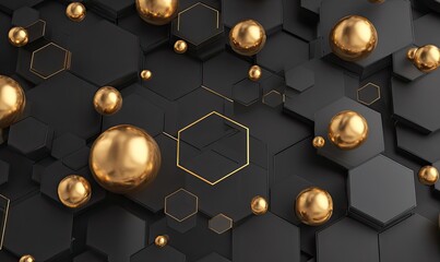 Abstract gold spheres floating above 3D black hexagonal tiles