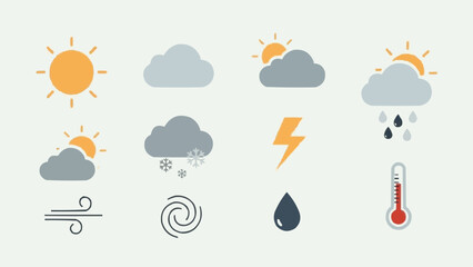 Obraz premium Vector icons in flat design for weather sun, clouds, rain, snow, wind, lightning, and temperature. Perfect for digital forecasts, applications, and climate reports