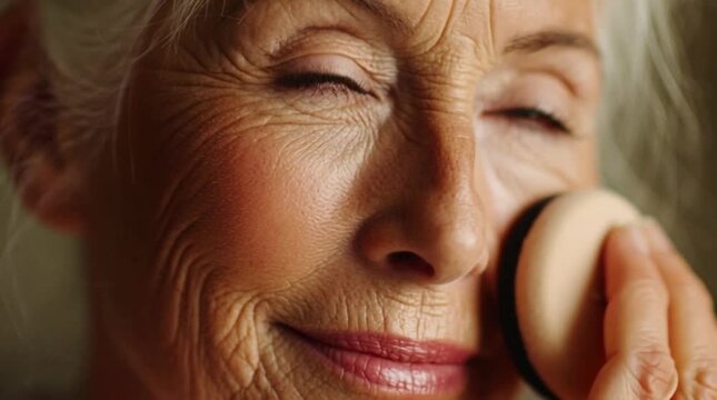 Older woman showcasing natural skin texture, wrinkles, and expressive blue eyes. The person gently applies makeup with a sponge, highlighting themes of aging gracefully,personal care, and beauty.
