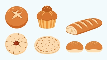 An inviting collection of freshly baked goods featuring various types of bread, pastries, and buns, perfect for bakery menus, culinary designs, or food-related promotions