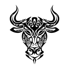 Intricate tribal bull design digital art abstract style bold black and white creative expression artistic representation