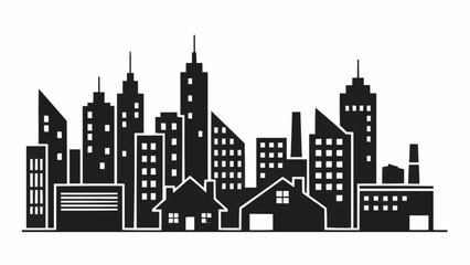 Fototapeta premium Diverse collection of building silhouettes, including skyscrapers, houses, and industrial structures, creating a cityscape