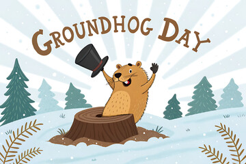 Groundhog Day Celebration Cartoon: Happy Groundhog Emerging From Tree Stump With Top Hat In Snowy Forest

