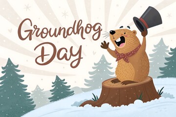 Groundhog Day Celebration Cartoon: Happy Groundhog Emerging From Tree Stump With Top Hat In Snowy Forest

