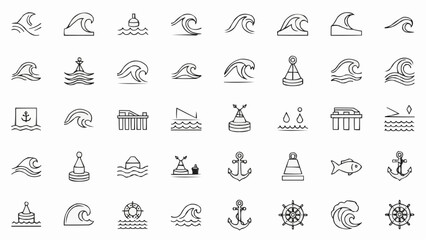 Collection of nautical and water-themed line art icons representing waves, anchors, buoys, boats, and marine life