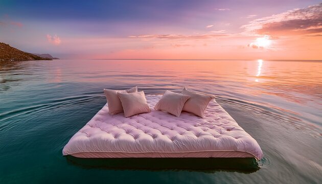 a surreal depiction of a mattress with pillows floating on a radiant pink water surface inviting a dreamy and ethereal escape