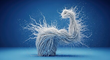 A white, abstract sculpture of a muscular arm with flowing, white, splattered paint-like strands on a blue background.