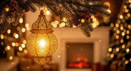 A festive Christmas scene with a lit lantern hanging from a tree branch, surrounded by pine cones and berries, with a fireplace and Christmas tree in the background.