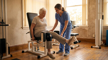 Caring therapist assists elderly woman during rehabilitation exercise in bright and inviting therapy room