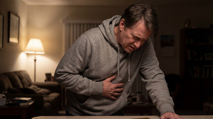 Man Gripping Stomach in Pain While Leaning Over Table in Dimly Lit Living Room at Night