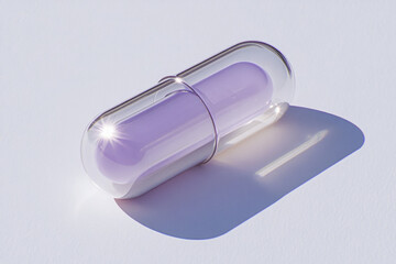 Close-up of a transparent capsule with a purple pill inside on a white surface. a close-up of a capsule with a purple pill inside, casting a shadow on a white background.