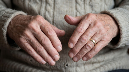 Close-Up of Elderly Hands Showcasing Aging Skin, Soft Wrinkles, and Wedding Ring in Cozy Knit Sweater