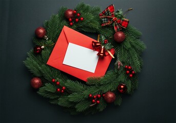 Christmas Wreath with Red Envelope and Blank Card Decorative Christmas Ornaments Celebration Post
