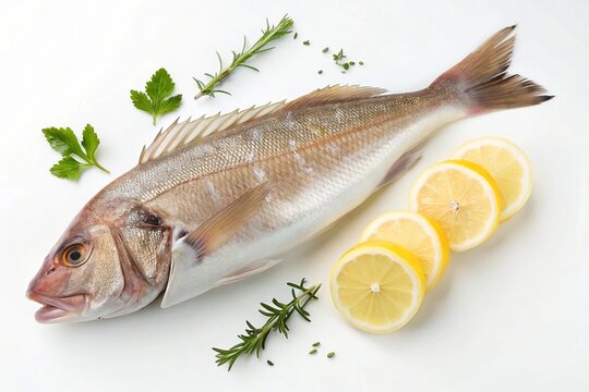 Fresh tilefish with lemon slices and herbs on white background