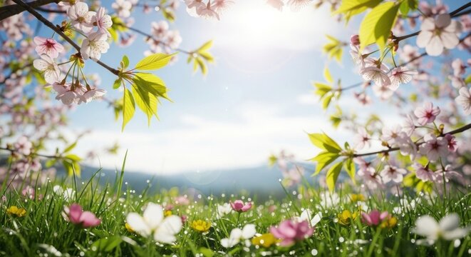 Cherry blossoms against a blue sky with sun rays. - Powered by Adobe
