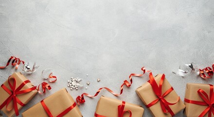 Kraft Christmas Gifts with Red Ribbons With Empty Space For Your Text Design Xmas Surprise Gift