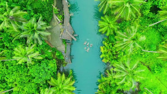 Aerial view of people swimming in the clear turquoise water of the Maasin River surrounded by dense tropical palm trees and lush green foliage, Philippines.