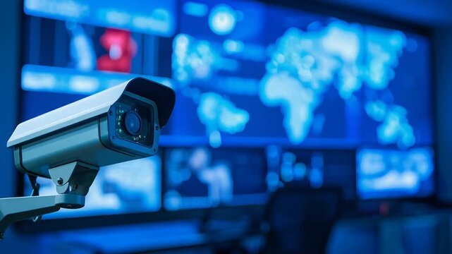 青い背景の防犯カメラがセキュリティ体制を強化する構図