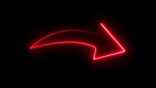 Teal red neon glowing arrow curved direction pointer symbol and modern light sign on black background background. neon line animation. 4k