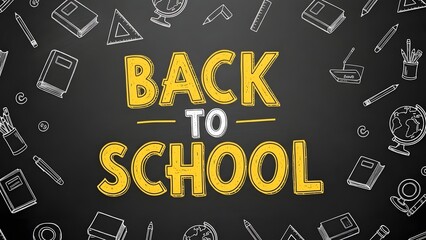 Back to school chalkboard with hand drawn school supplies and yellow text