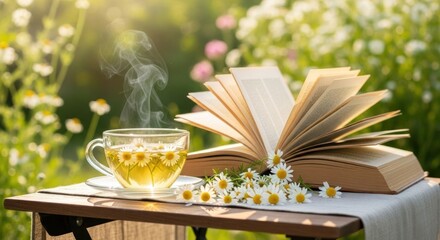A steaming cup of chamomile tea with chamomile flowers and an open book on a wooden table in a garden setting.
