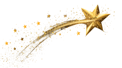 A golden star with a trail of smaller stars and sparkles on a black background with the year 2026