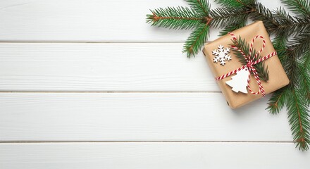 Christmas Gift with Pine Branch and Twine Xmas Packaging with Natural Decor And Empty Space