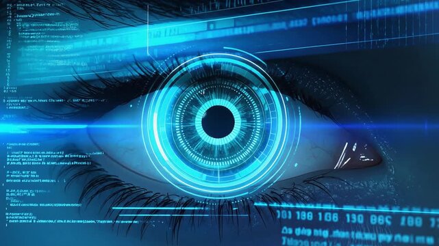 青い光に浮かぶ電子の目が未来テクノロジー情報社会を示す構図