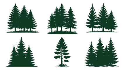 Obraz premium Pine tree silhouettes set, evergreen forest vector illustration