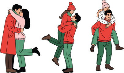 Romantic couple illustrations celebrating love, affectionate winter couples, hugging, kissing, playful poses, cozy outfits, relationship moments, happy partners enjoying togetherness 