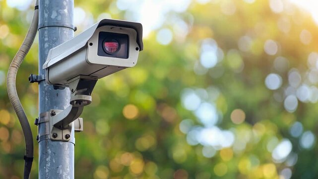 街路の柱に取り付けられた防犯カメラがセキュリティを見守る構図