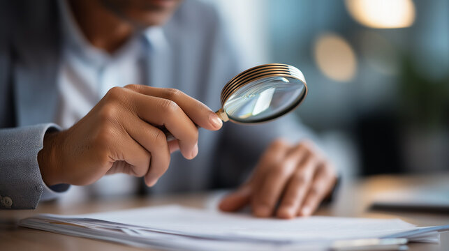 Audit and fraud investigation using magnifying glass inspection auditor examining documents financial discrepancy detection forensic accounting review compliance verification