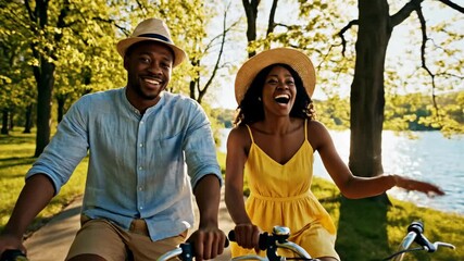 A joyful couple rides bicycles beside a sunlit river on a bright summer day. experience love and happiness in nature?s embrace.