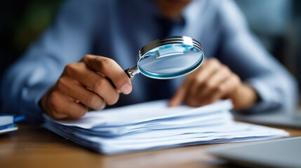 Obraz premium Audit and fraud investigation using magnifying glass inspection auditor examining documents financial discrepancy detection forensic accounting review compliance verification