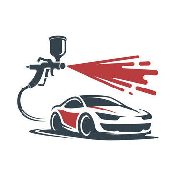 Car painting service with spray gun, auto body repair shop logo.