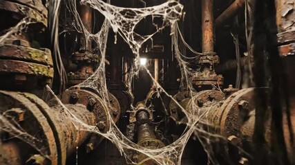 Creepy Abandoned Factory Pipes with Cobwebs and Moss.