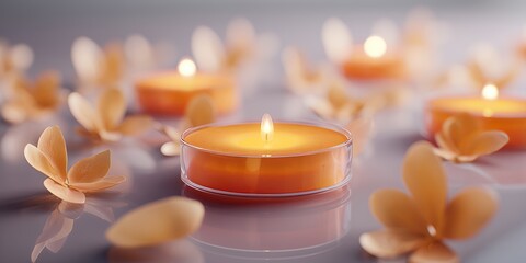 Vibrant tangerine candles hover above a lavender gray reflective surface, surrounded by pale ivory flower petals gently suspended in mid-air.