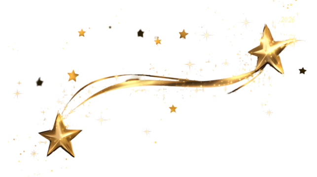 Golden stars with trail and sparkling particles on a dark background for festive decoration