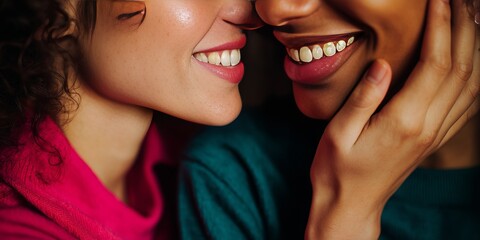 The couple laughs together, faces partially visible, fuchsia and teal clothing, soft gold light illuminating their skin. Hands gently touch, subtle interaction, shallow bokeh