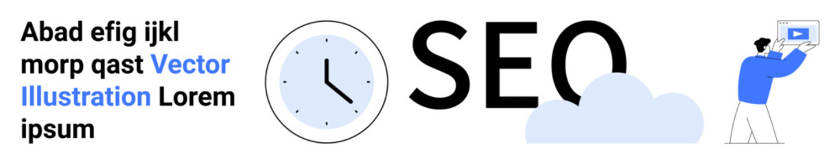 Clock, bold SEO text, cloud, and person holding laptop suggest time management, online optimization, and data analysis. Ideal for marketing, analytics, digital strategy productivity cloud storage