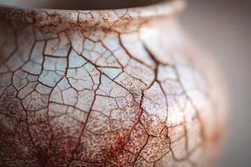 Rustic ceramic pottery surface exhibiting delicate crackle glaze texture with vintage worn details, creating a beautiful abstract background of natural aging and traditional artistry