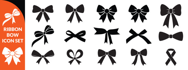 Naklejka premium Ribbon bow icon set, vector coquettish cute knot, romantic love doodle vintage accessory collection. Holiday gift decoration silhouette, birthday elegant design element. Feminine Valentine ribbon set 