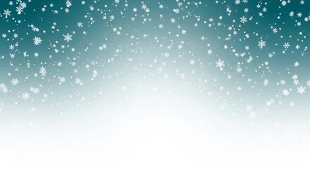 Snowflakes fall from a teal to white gradient background